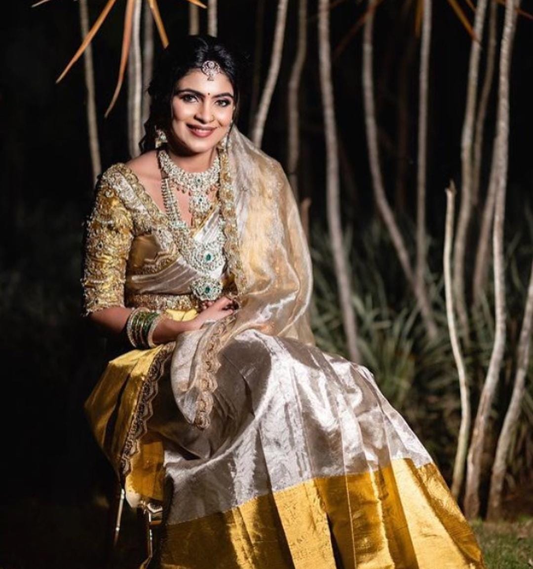 Ivory & Gold Kanchipuram Handloom Tissue Brocade Bridal Silk Saree